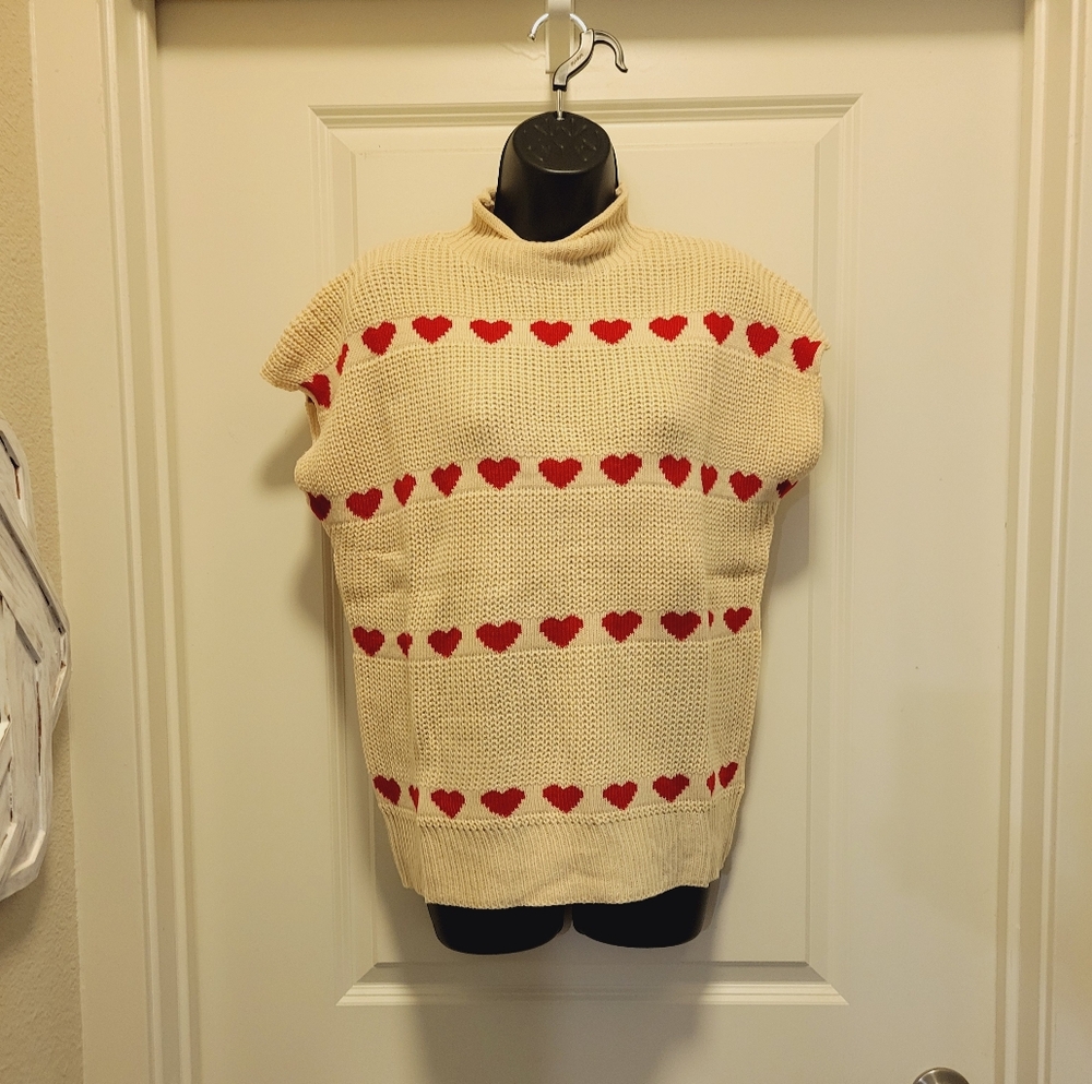 Cream & Red Heart Mock Neck Boutique Knit Bat Wing Sweater Top